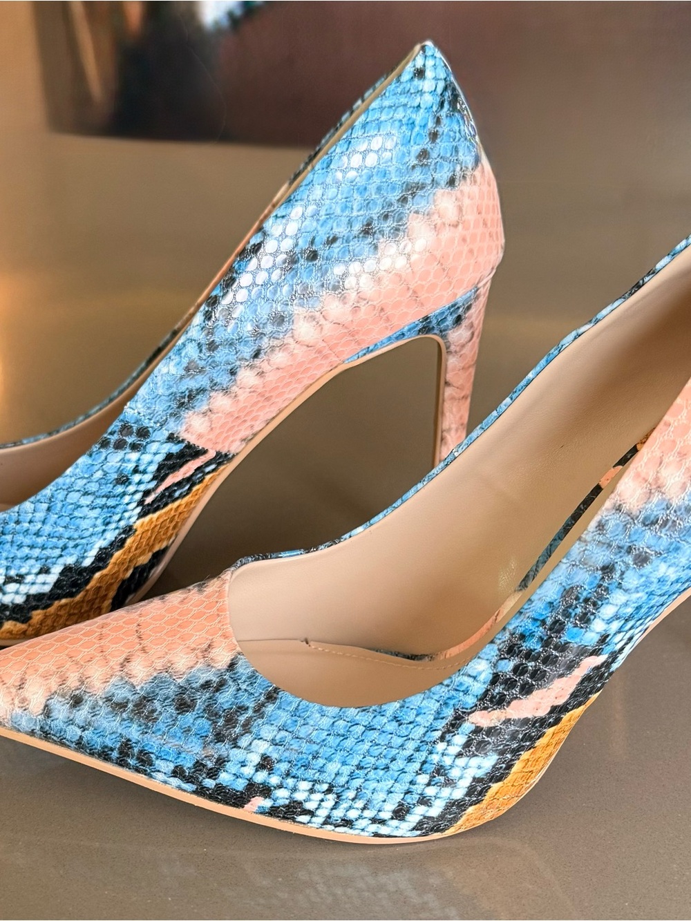Blue and Pink Snake-Print Pointed Toe Pumps - Women's Dress Heels